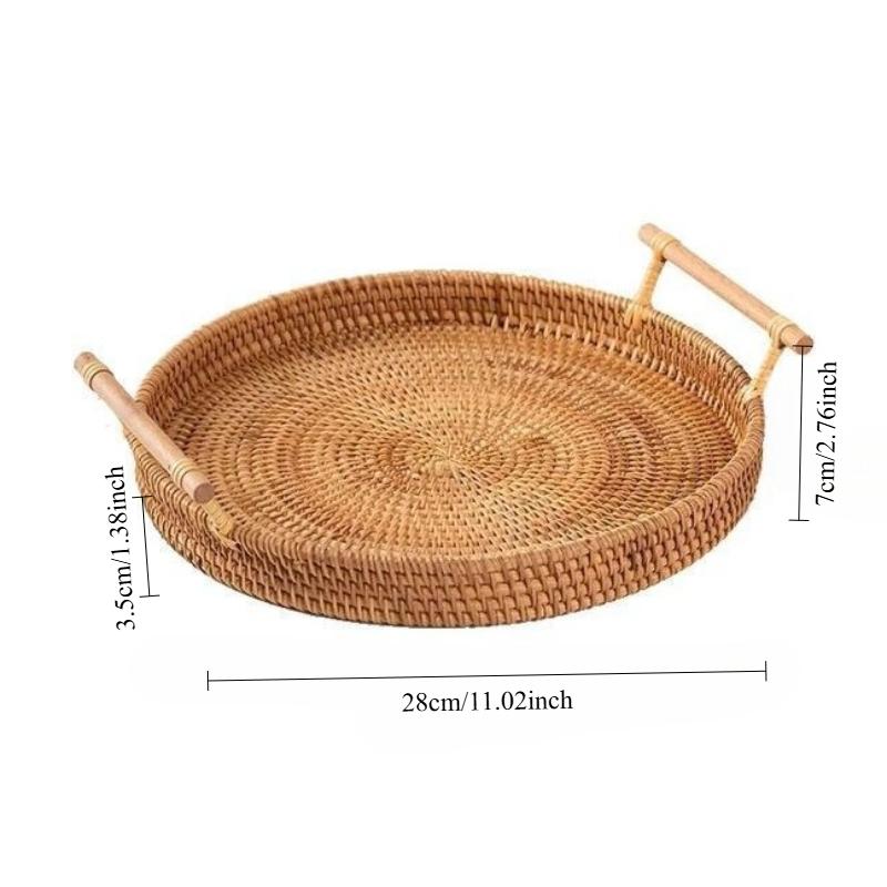 1pc Artisanal Woven Rattan Serving Tray,Dual Handles, Multipurpose Tea and Snack Presentation Platter, Ideal Bread Basket
