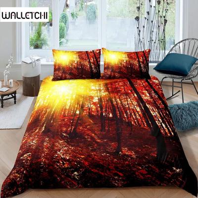Herbst-Bettbezug-Set, gefallene Blätter, rotes Ahornblatt, Natur-Bettwäsche-Set, Mikrofaser, Sonnenschein, Baum, Wald, natürlicher King-Bettbezug
