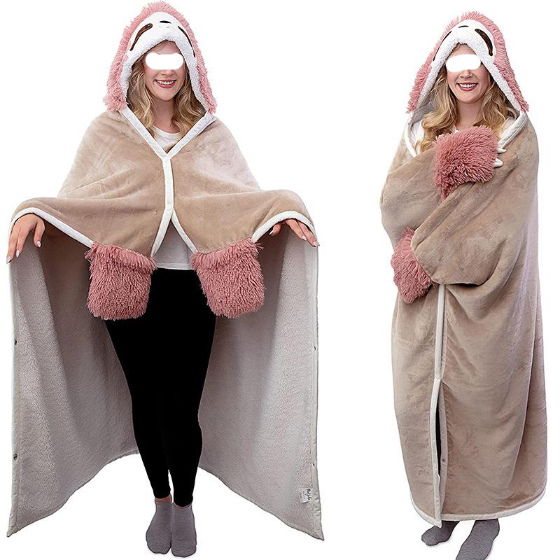 

Носимое фланелевое одеяло с рисунком ленивца, рубашка с перчатками из овечьей шерсти, удобное домашнее одеяло для ТВ, диванное одеяло, халат с капюшоном