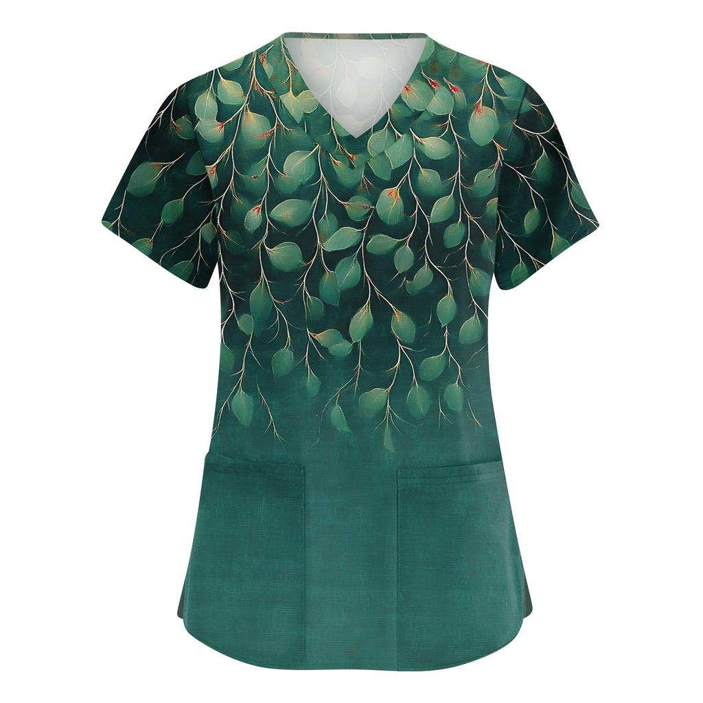 Damen Modische V-Ausschnitt Arbeitskleidung Bedruckt Kurzärmlig Tasche Seitenschlitz Arbeitskleidung Basic Pullover Top