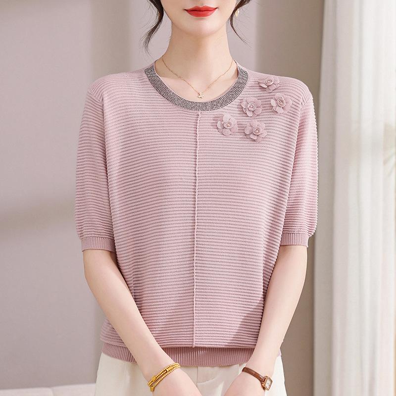

Chic Summer Ice Silk Blouse: Short-Sleeve Top for Middle-Aged & Elderly Women XL (90-115 lbs) рожевий/фіолетовий