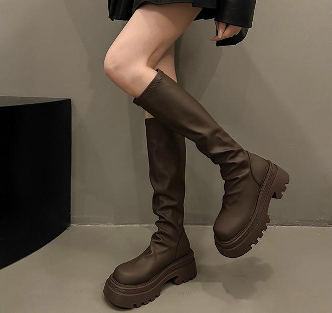 

Ботинки на толстой подошве для женских новых моделей лета и осени 2025 года, но ботфорты до колена, ботинки с тонкой наборной подошвой, тонкие ботинки 40