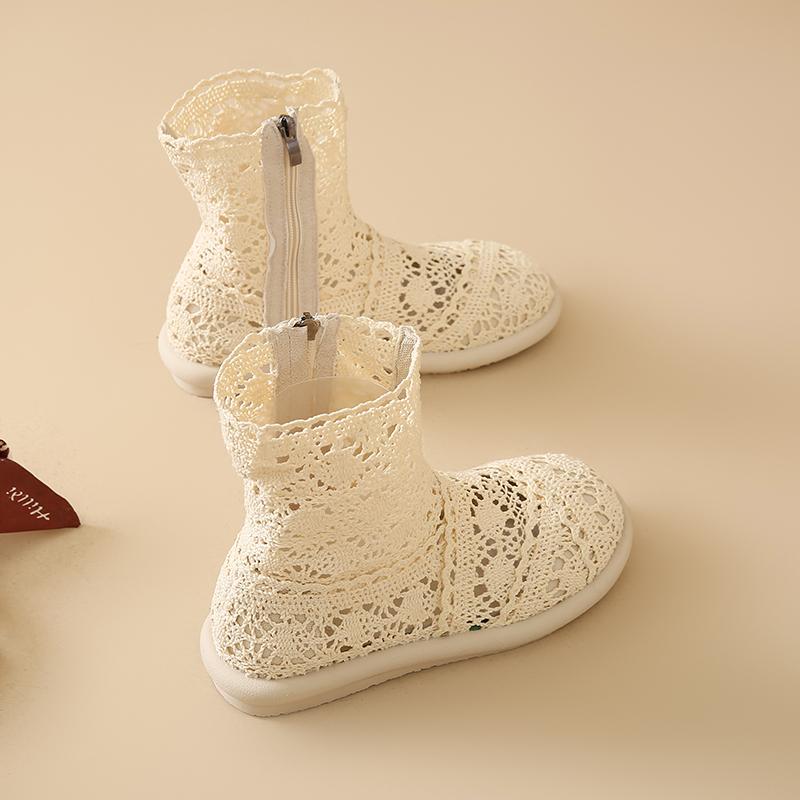 2025 Botas Huecas para Mujer Zapatos de Malla Transpirables Verano Tobillo Femenino Botas de Punto Planas Cremallera Punta Redonda Calzado Liso