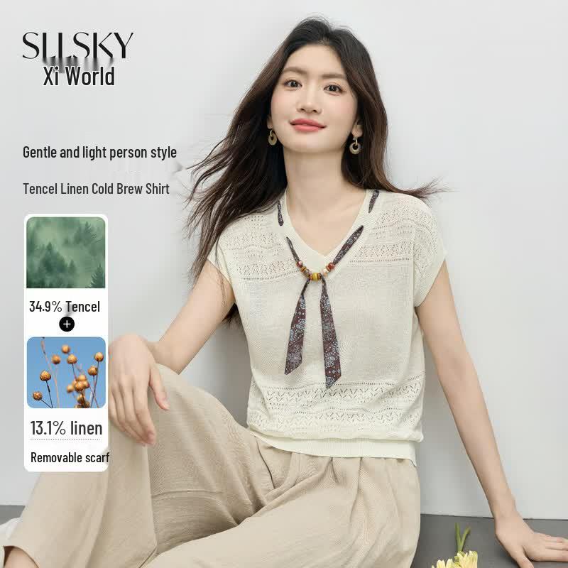 Sllsky Women s Tencel Linen Hollow Knit Short Sleeve Top with Detachable Scarf 2XL