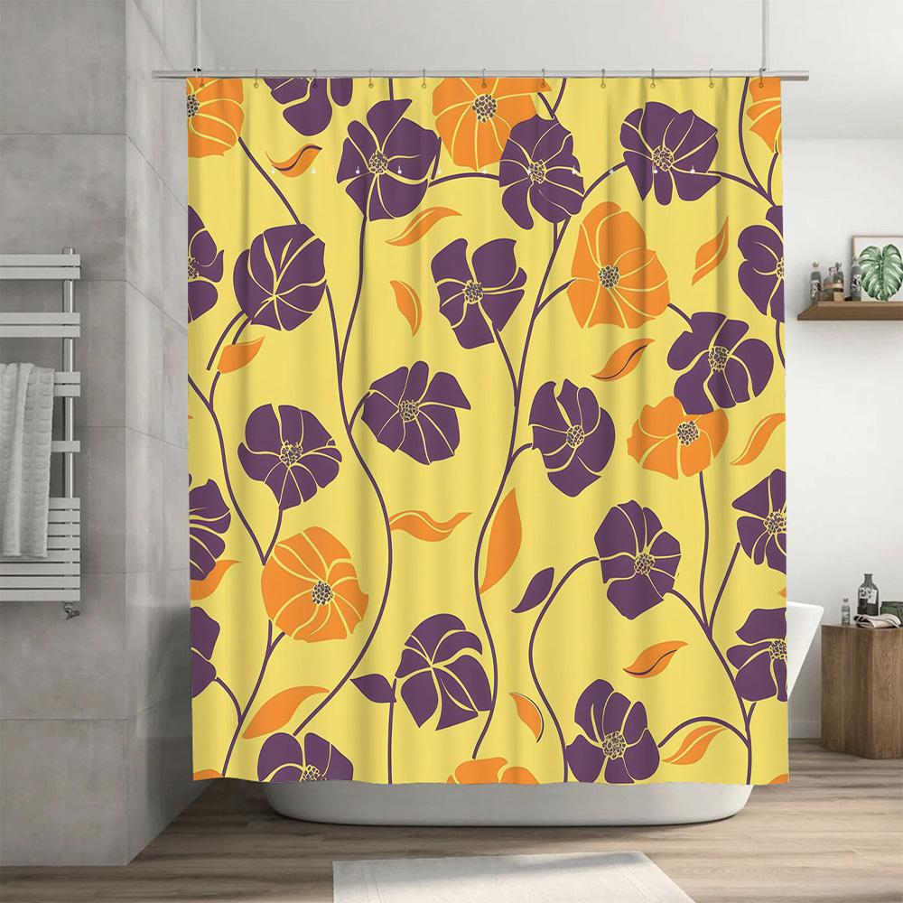 Yellow Purple Floral Print Shower Curtain Modern Decor for Bathroom Customizable Size Available On