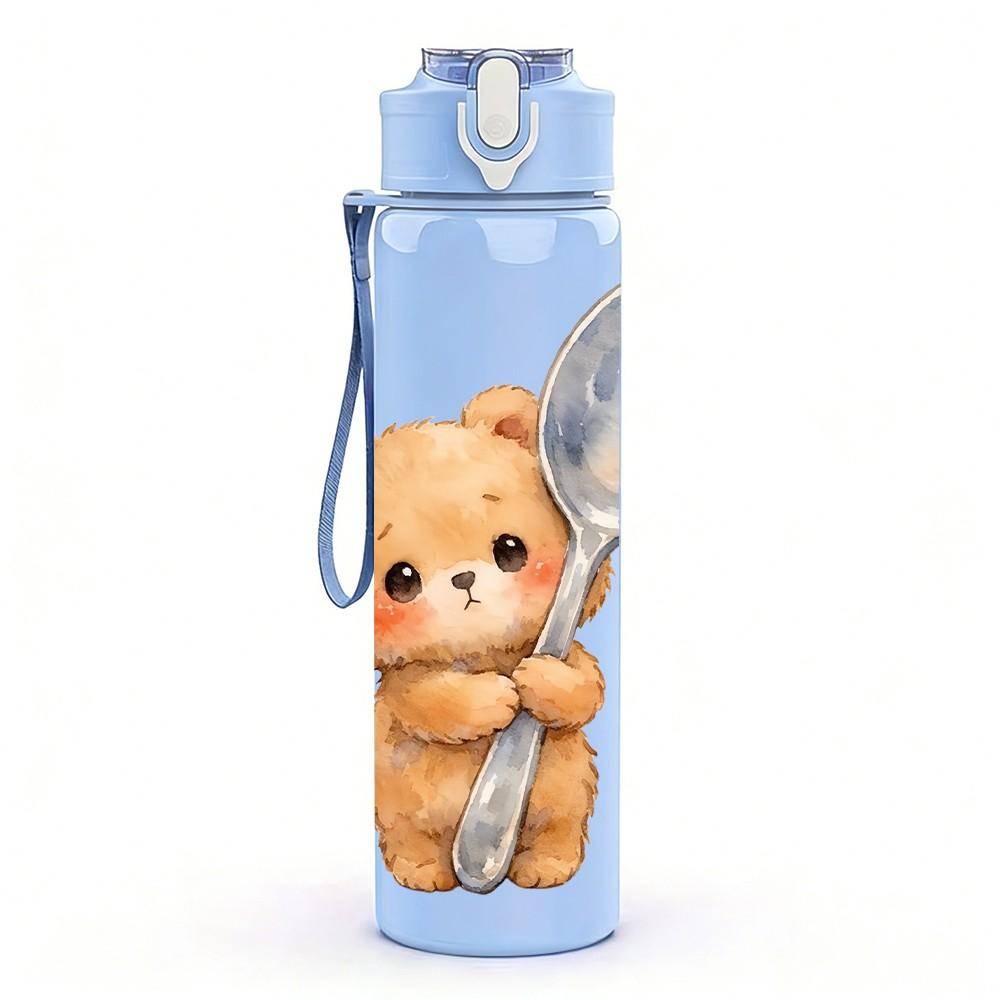 1PC Bear Holding Spoon Cute Cartoon Print 750ml Color Plastic Sports Water Bottle Leakproof Flip Straw Lid Suitable for Sports Office Home Use