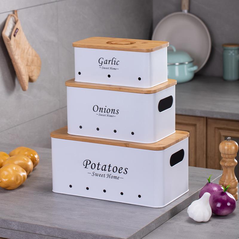 Potato Storage Jar, Onion, Garlic Head, Breathable Kitchen Square Bamboo Cover, Potato Dark Metal Storage Box