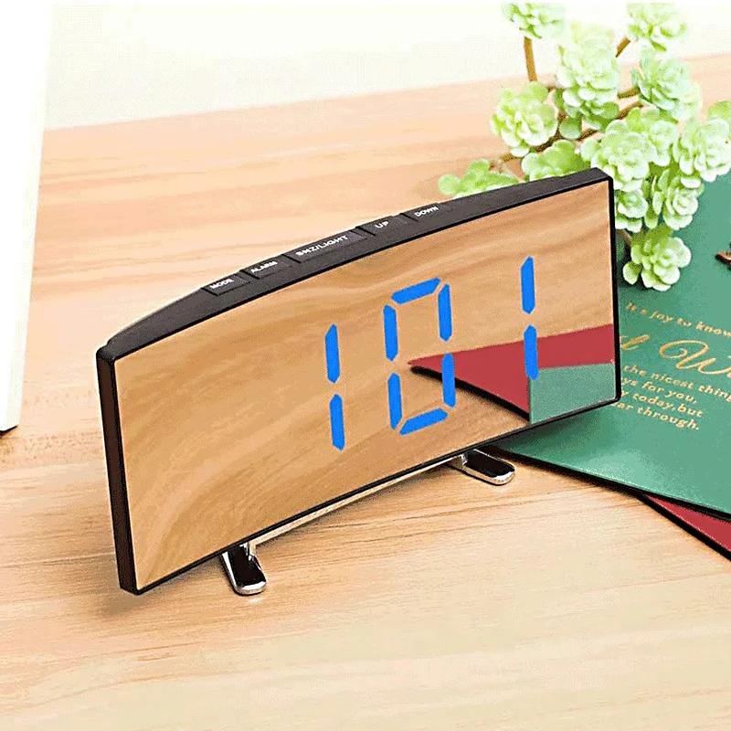LED Digital Alarm Clock Curved Screen Mirror Silent Electronic Clock Bedroom Desktop Large Screen Home Decor Supplies