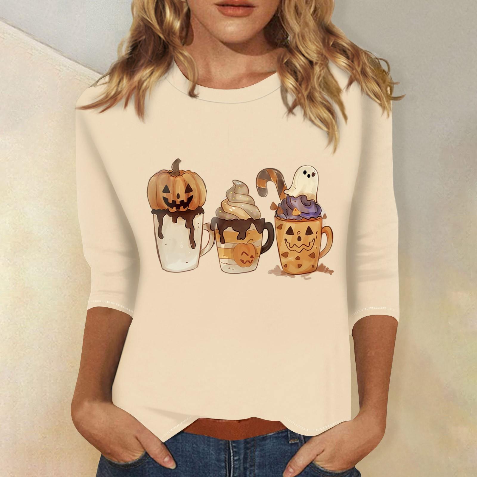 

Women s Fashion Casual Three-quarter Sleeve Halloween Printed Round Neck Top L бежевий