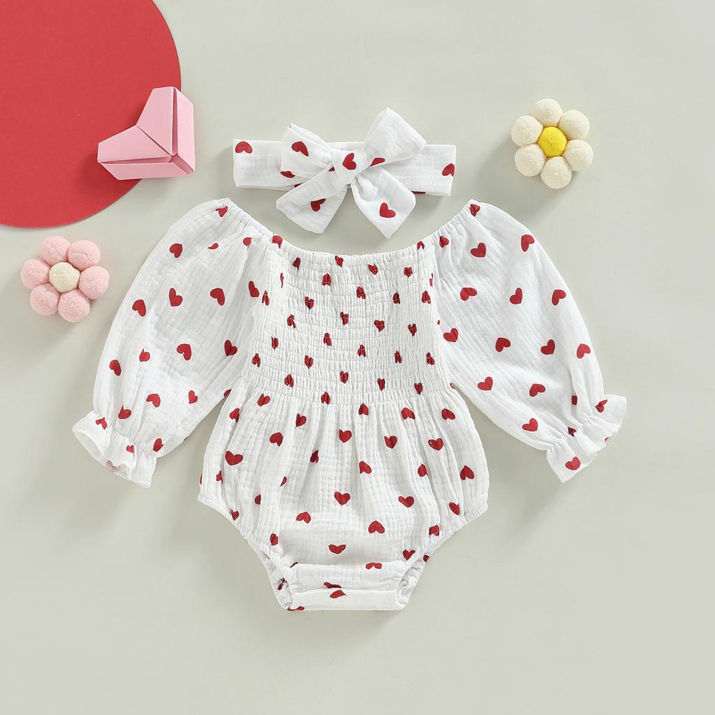 Baby Girls Valentine s Day Romper Heart Print Long Sleeve Boat Neck Jumpsuits Infant Autumn Winter Bodysuits with Headband