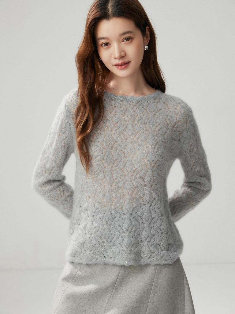 Women's Loose Knit Cashmere Sweater with Hollow Bead Lace and Floral Round Neck