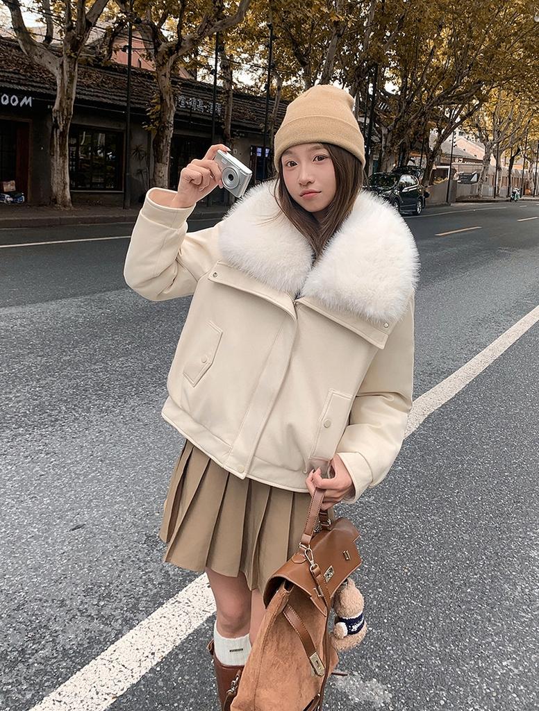 Women's Short Loose PU Winter Jacket Suede Bronzing Big Fur Collar