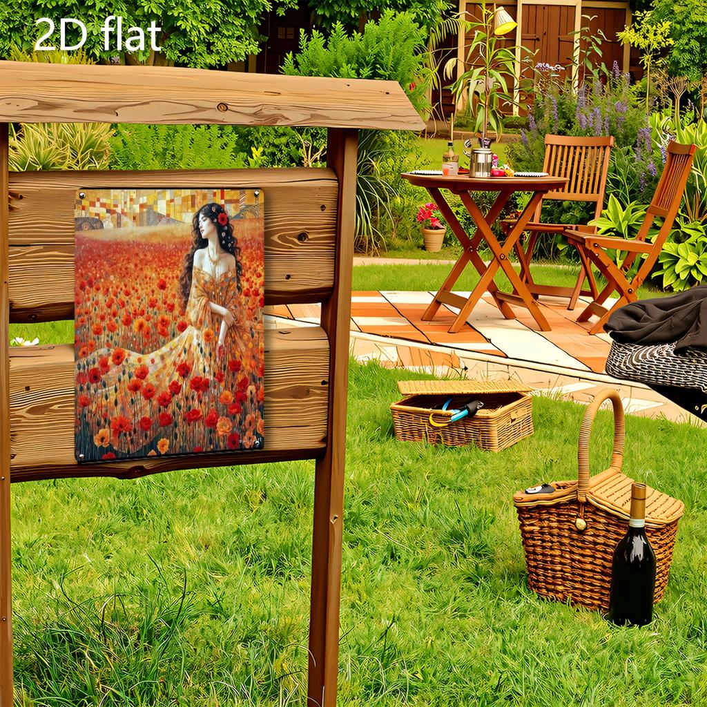 2D Flat, 1pc Floral Field Woman Wall Art - Tinplate Metal Sign Painting, 20.32x30.48 cm Indoor/Outdoor Hanging Decor, Vibrant Re