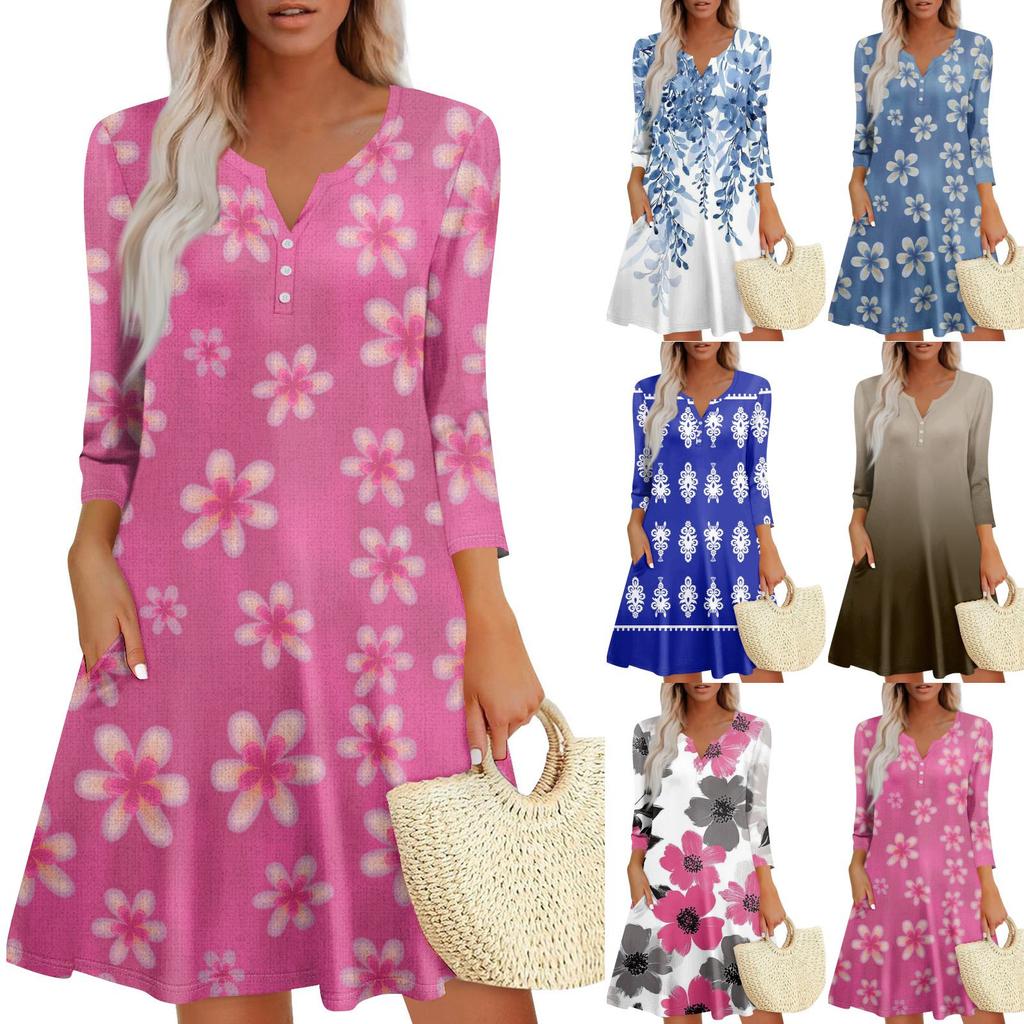 Women's Summer Dress Loose V Neck Three-quarter Sleeve Sundress With Pockets Dress