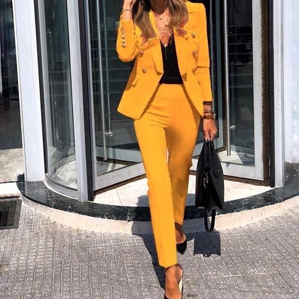 Women's Fashion Two-piece Casual Suits Blazer and Pants Set Office Lady Clothing Solid Color Plus Size