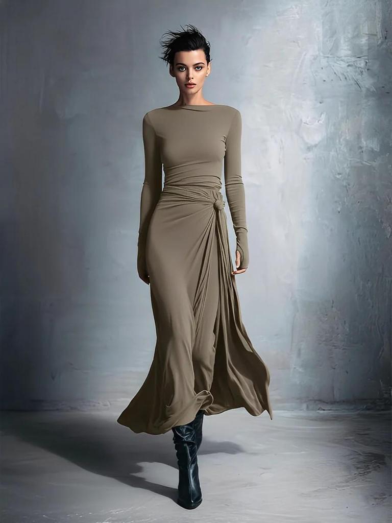 Autumn 2025 European & American One-Shoulder Twist Waist Maxi A-line Dress