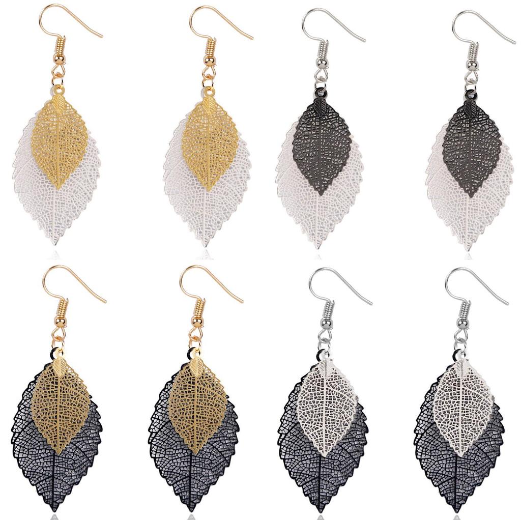 Gold Double-Layer Hollow Leaf Earrings – Simple, Retro, European & American Style