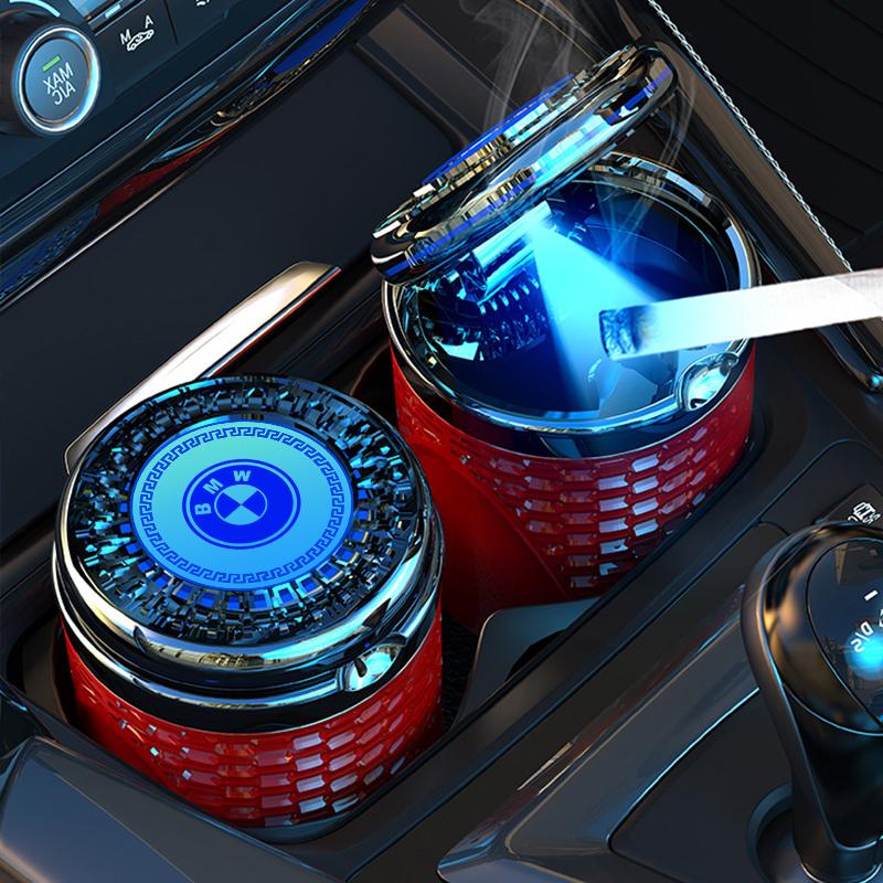 Car LED Ashtray Atmosphere Light Ashtray For BMW G30 G20 G05 G11 E87 X7 E92 X5 Car Flame Retardant Cigarette Holder Cup keychain GT9