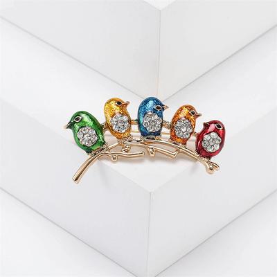 Fashion Cute 5 Birds Enamel Brooches For Women Metal Colorful Inlaid Rhinestone Casual Charm Brooch Pins Jewelry Gifts For Girl