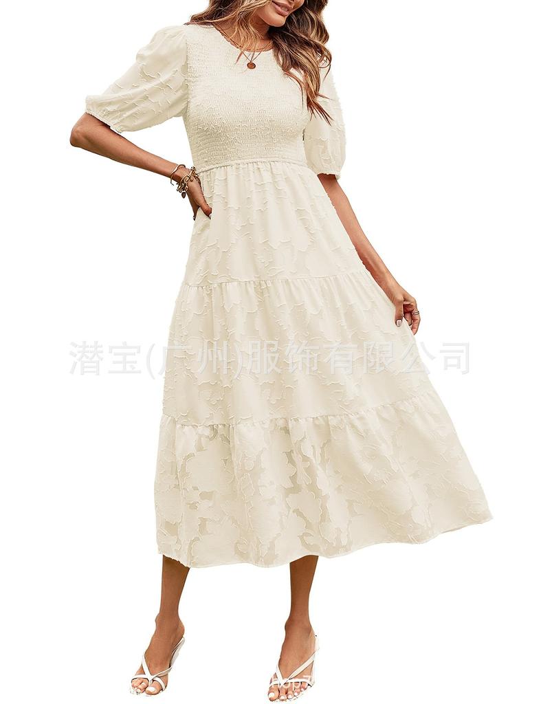 Spot new European and American women's clothing lace short sleeves front and rear collection waist crew neck dress women