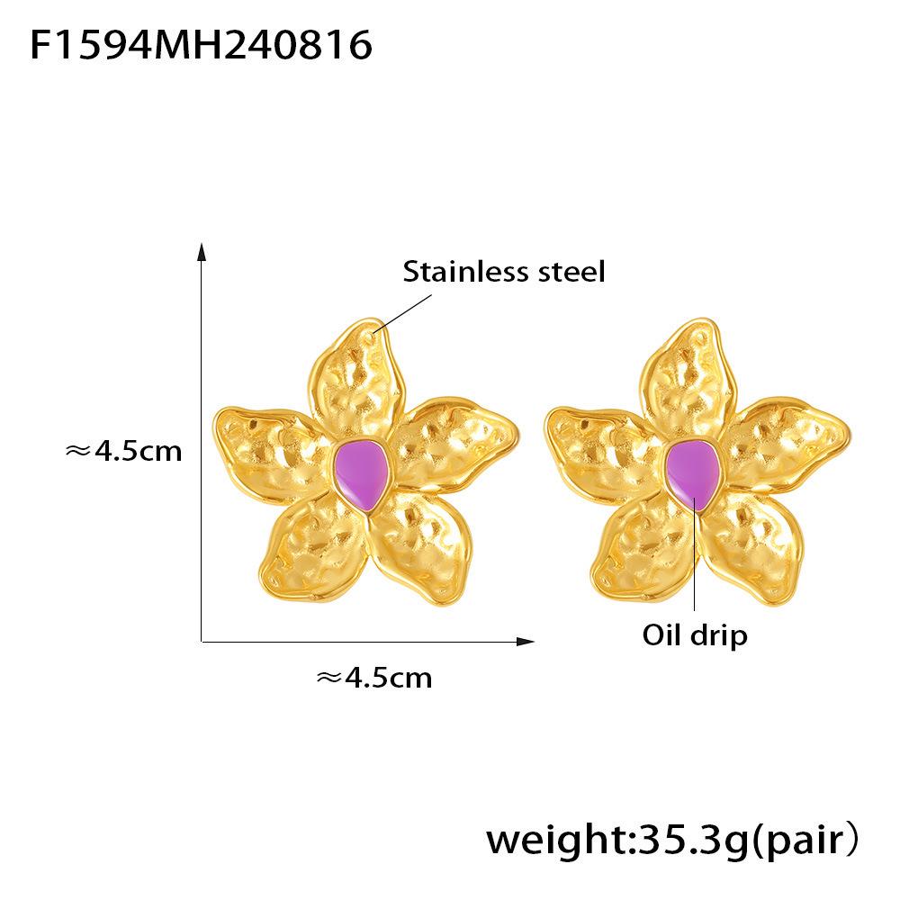 18K Gold-Plated Retro Flower Earrings: European & American Style, Exaggerated Stainless Steel Design for Women