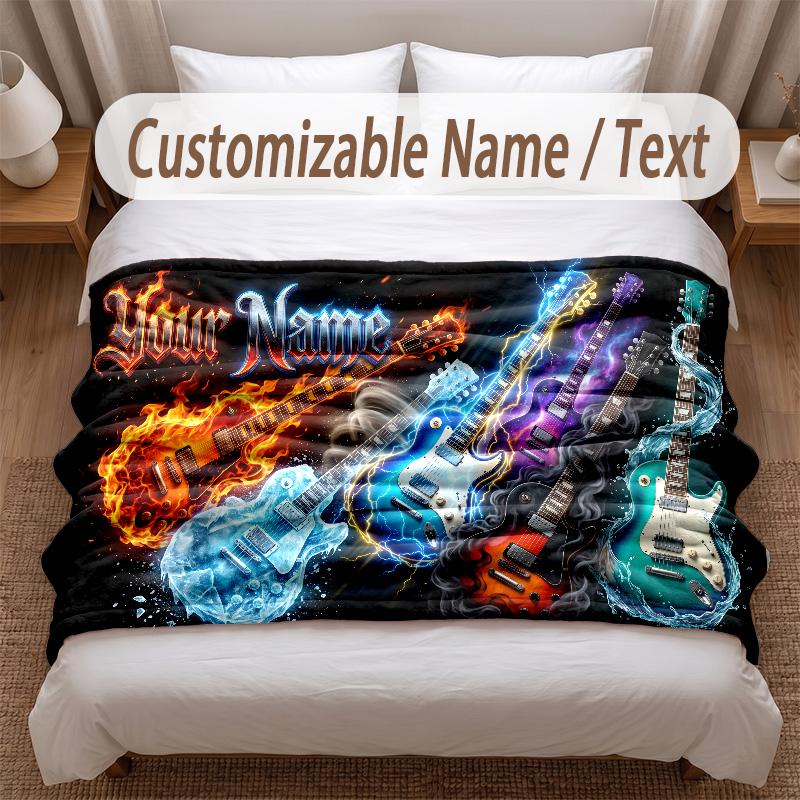 Music Guitar Theme Soft Blanket Personalized Custom Name Text Print Warm Blanket Home Sofa Bedroom Decor