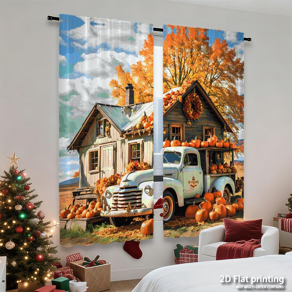 Piece Set High Definition Digital Printed Curtainsautumncolorcountrystylehousepumpkinoldtruckhome Decoration Style Curtain Polyester