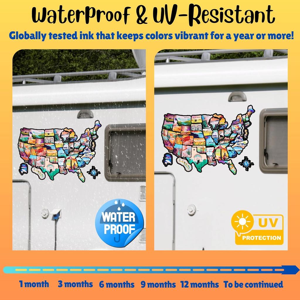 ACIMONE RV State Travel USA Map Sticker, 11 ⅘“ X 15 ¾” Visited States Sticker Decals For Outdoors & Indoors- Road Trip America Map Of United