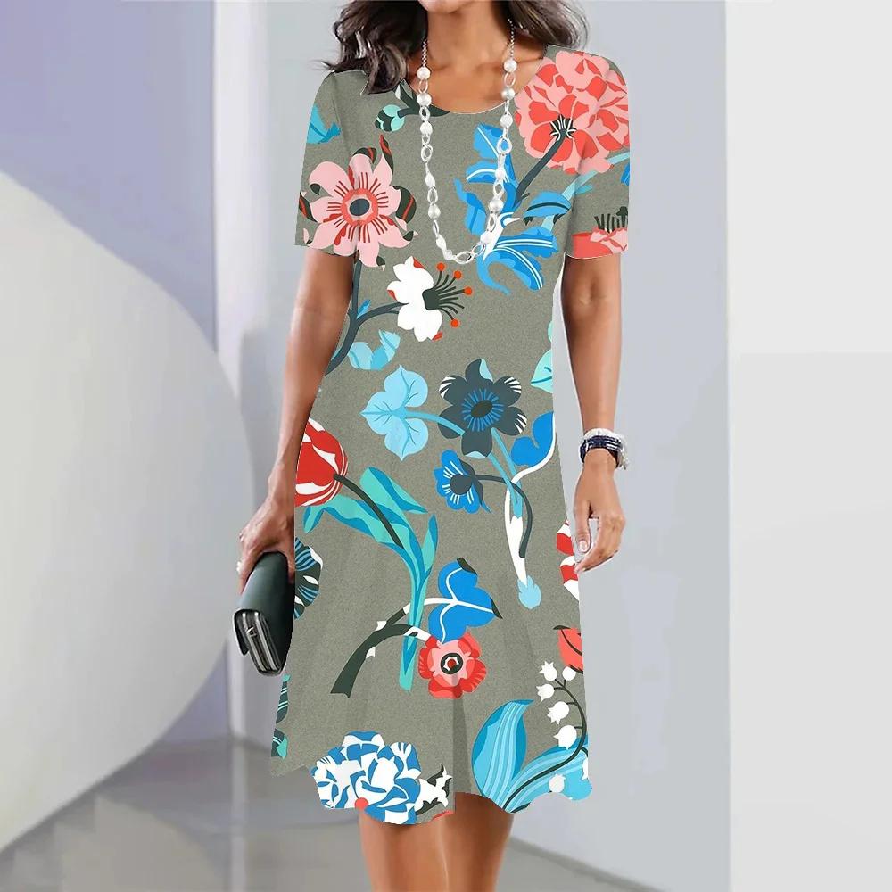 2026 Summer Women's 3d Floral Print Dress Elegant and Beautiful Casual Round Neck Dress