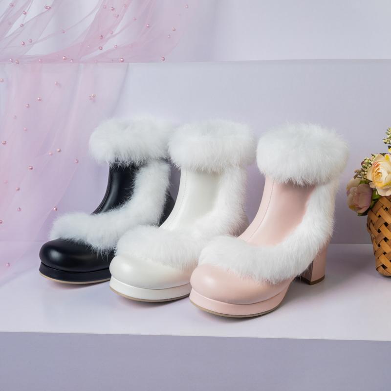 Lolita Cosplay Costom Ankle Boots Girls with Rabbit Fur Black Pink White Women 2024 Uniform Leather High Heels Sweet Shoes