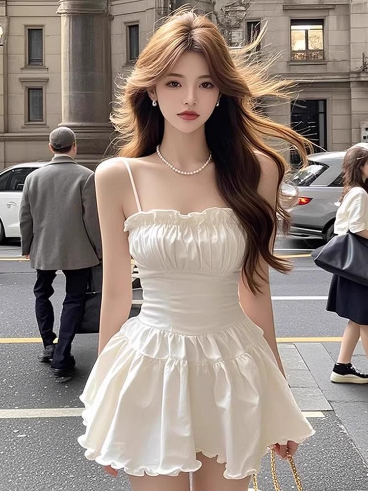 Double-layer white square neck suspender pleated fungus lace dress women's summer pure desire light luxury sexy skirt
