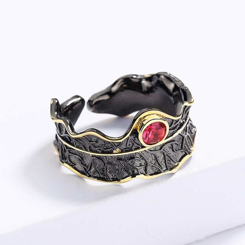 Natural Zircon Boutique Retro Style Open Ring Handmade Womens Black Gold Two Color Jewelry