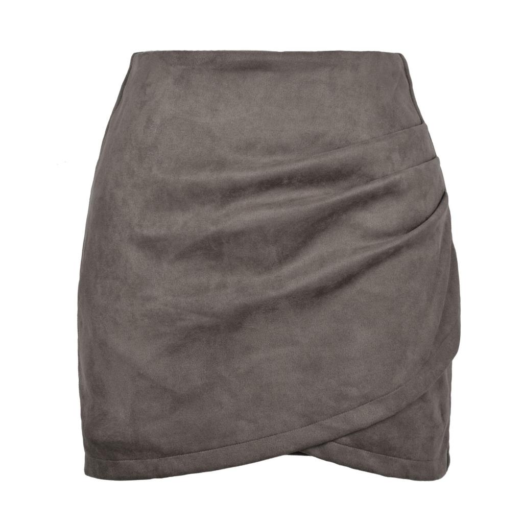 Suede Solid Color Buttocks Wrapped Skirt Pleated Irregular Zippered Short Skirt for Women's Clothing