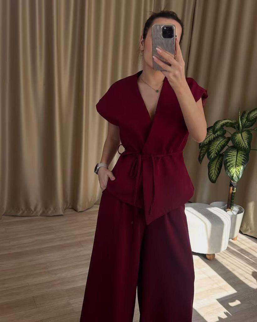 Dámský letní retro kardiganový top a kalhoty se širokými nohavicemi, sada 2025