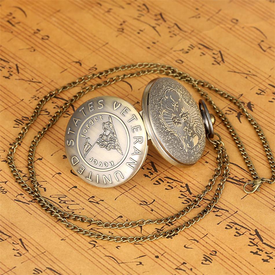 Vintage Bronze ‘’never Forget Veteran ‘’ Pattern Design Quartz Pocket Watch with Necklace Chain Commemorate Gift for Men Women