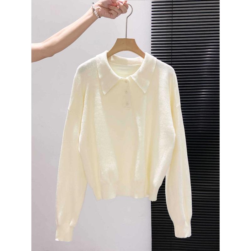 Gray Lazy Light Grade Olo Shirt Knitted Sweater Women's Autumn Button-down Lapel Top Loose Long-sleeved Bottoming Shirt