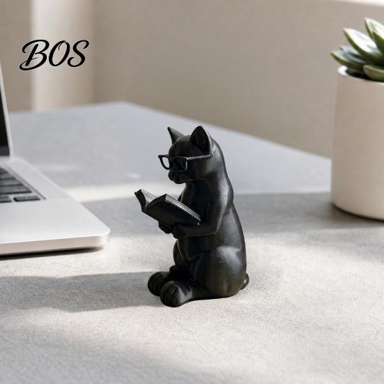 Study Room Decor 3D Printed Reading Cat Figurine, Decorative Ornament with Weighted Anti-Slip Base, Bookshelf Decoration Intellectual Statue