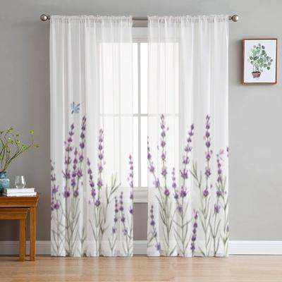 Watercolor Gentle Lavander Flowers Tulle Window Curtain For Living Room Bedroom Voile Sheer Curtains Kitchen Treatments Drapes
