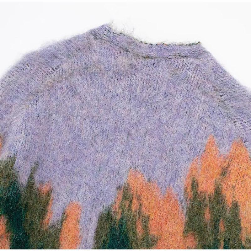 Landscape Paint Tie Dyed Women's Cardigan Sweater Fashion V-neck Single Breasted Female Sweaters 2024 Autumn Chic Lady Outwear