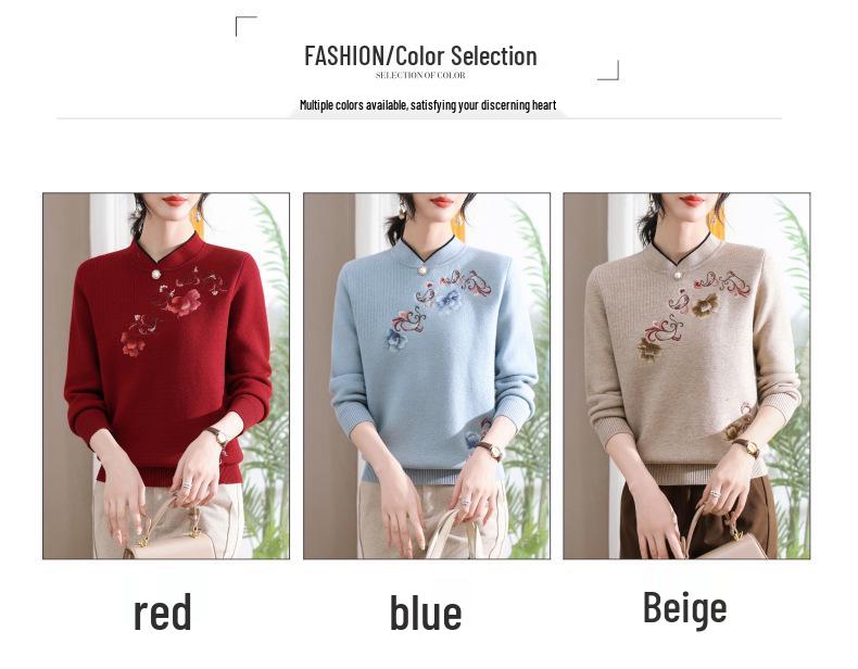 Embroidered Velvet Knit Sweater for Women - Autumn/Winter, Versatile & Warm for Middle-aged/Elderly