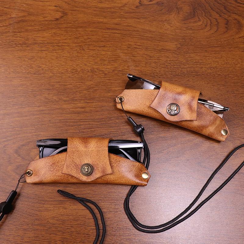 New Neck Hanging Handmade Vintage Vegetable Tanned Leather Sunglasses Bag with Tree Cream Cowhide Handmade Old Glasses Case