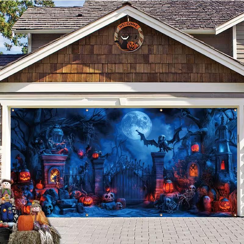 

2D Spooky Haunted Graveyard Garage Door Cover Halloween Outdoor Party Decoration 47.2x31.5inch/120*80cm