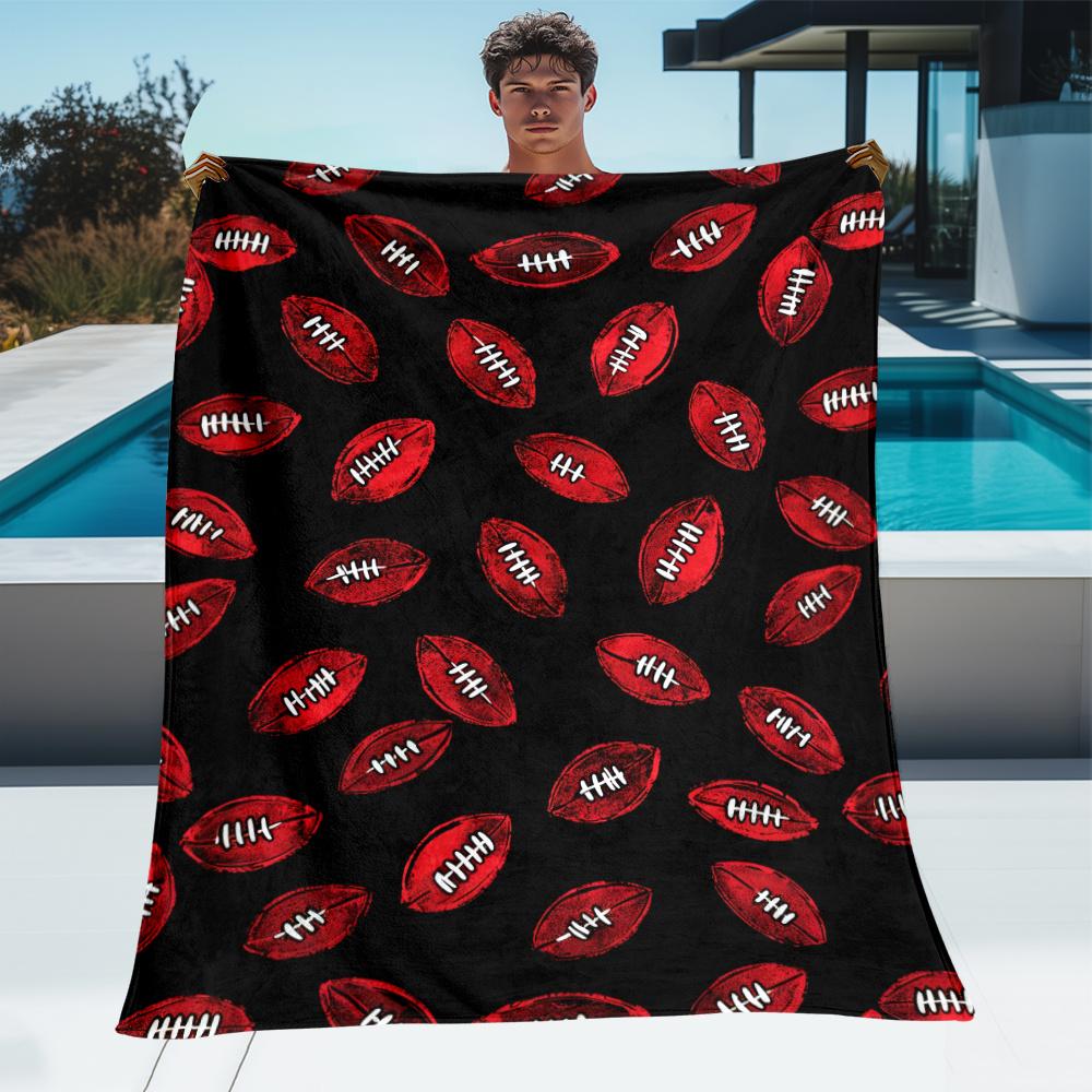 Football Pattern Black Red Sports Fleece Blanket American Football Lover Gift Soft Throw Blanket Stadium Game DayDecorTeamSpirit 75x100cm