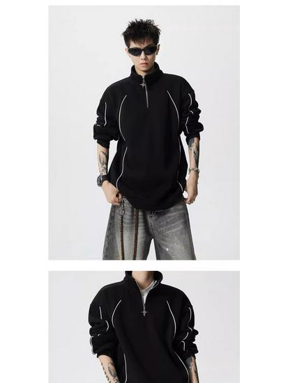 Men's 2025 Spring/Autumn Striped Color Block Half-Zip High-Neck Hoodie - Trendy Loose Heavyweight Top