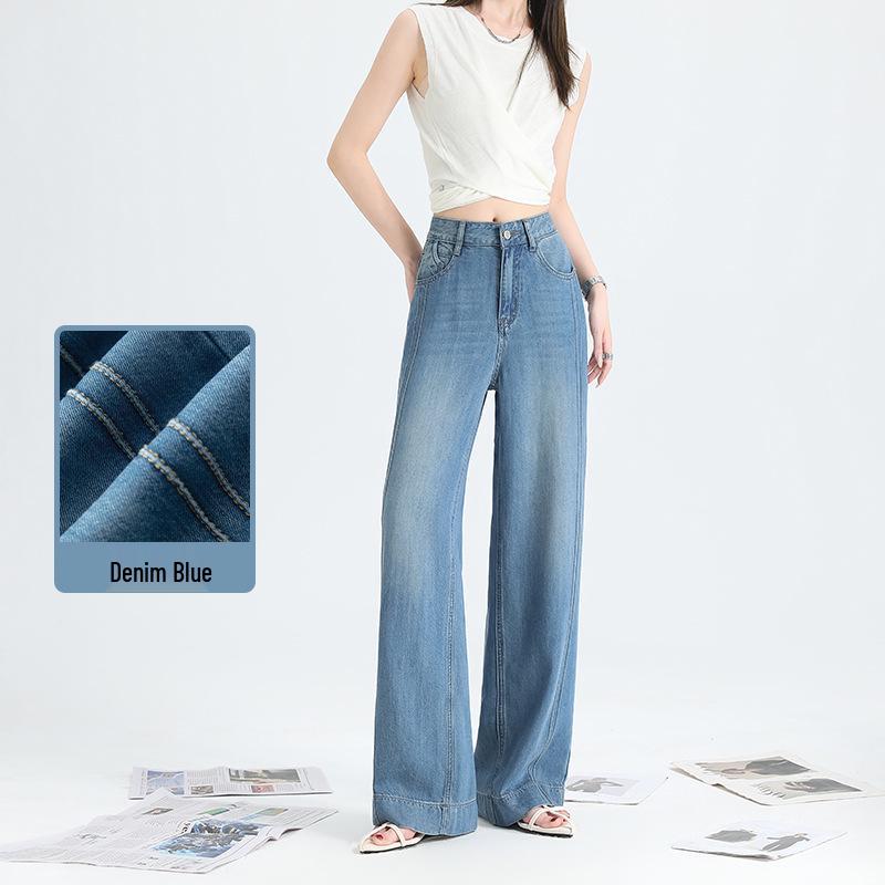 

Summer Ultra-Thin High-Waisted Wide-Leg Tencel Jeans with Contrast Stitching and Embroidery 2XL джинсовый синий