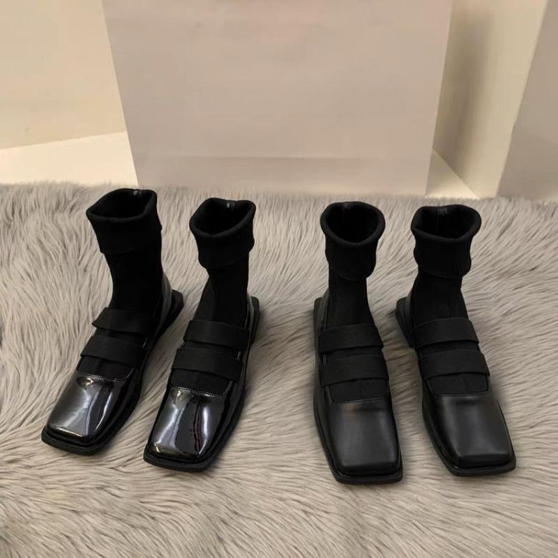 Módní britský styl čtvercové pletené ponožkové boty 2024 nové dámské boty vysoce kvalitní zeštíhlující mokasíny dámské kotníkové boty jednoduché boty