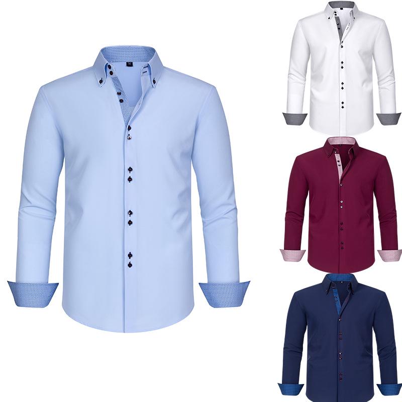Cross-Border Men's Double-Breasted Polka Dot Color Block Stretch Shirt