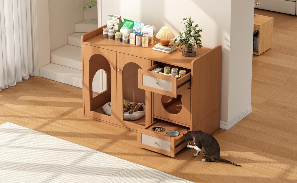 Cat House and Litter Box Cabinet with Feeding Bowls, Cat Rest Area, Storage Area (Litter Box and Cat Cushion Not Included), Walnut Color, 120x45x83 Cm
