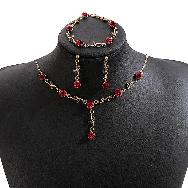 Romantic French Rose Earrings, Red Flower Bracelet, and Retro-Inspired Necklace Set