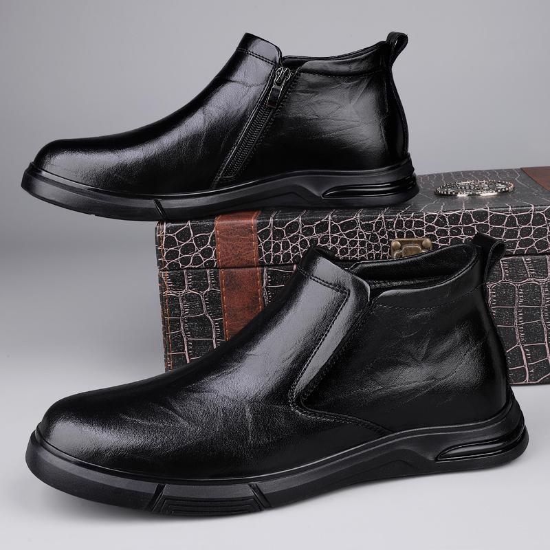 Classic Men Genuine Leather Ankle Boots Fashion Handmade Casual Walking Shoe Slip on Antiskid Driving Shoes Warm Plush Fur Boots